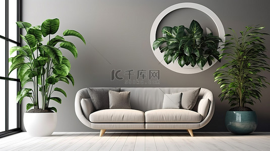 现代生活空间装饰有灰色扶手椅和郁郁葱葱的绿色植物，充足的 3D 复制空间