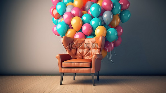 椅子和气球的 3D 渲染，以高目标信息作为业务发展概念