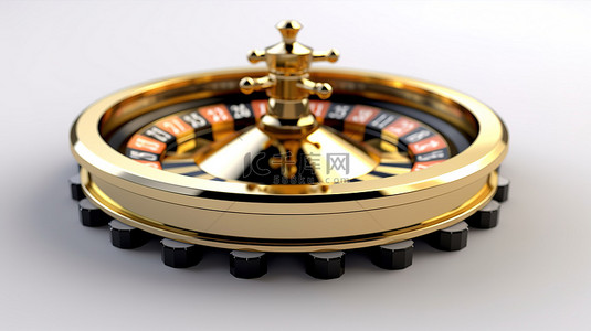 白色背景上带有金色王冠的黑色轮盘赌轮的 3d 渲染