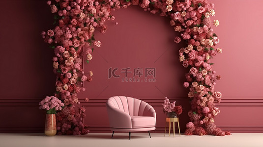 室内干花背景图片_现代生活空间模拟，以别致的粉色扶手椅为特色，时尚的拱门，深红色墙壁上饰有干花，3D视觉效果