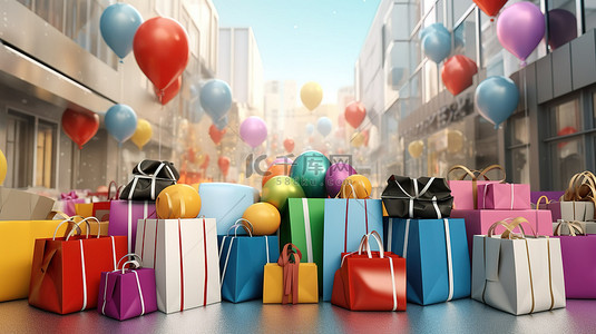 节日零售疗法彩色气球购物袋和圣诞礼物，有 3D 渲染文本的空间