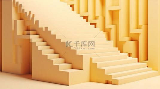 几何楼梯背景图片_淡黄色几何楼梯的 3D 渲染