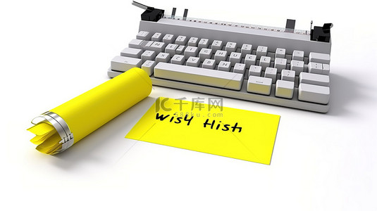带有便条纸愿望清单标志白色笔和键盘的白色背景的 3D 渲染