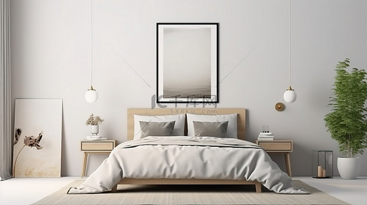 现代经典卧室，配有白色木墙 3D 渲染海报框架模型