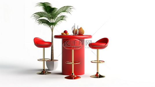 当代酒吧凳子和白色桌子上的红色热带鸡尾酒 3D 渲染