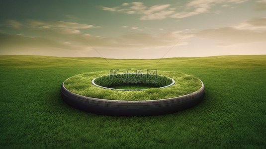 中心草地的环形道路以汽车和轮胎广告为特色的 3D 插图
