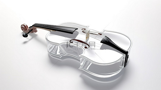 3D 渲染白色背景玻璃小提琴，古典风格弓