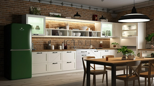 传统的白色厨房配有充满活力的绿色冰箱和质朴的砖墙，夜间照明 3D 渲染照亮