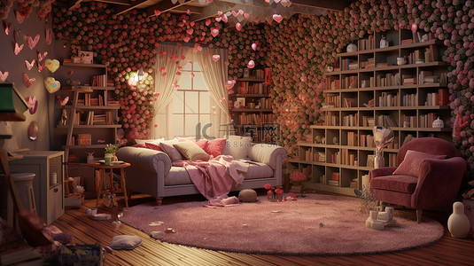 文学和生活的舒适天堂充满爱的房间的 3D 渲染图像
