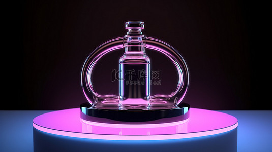 霓虹灯玻璃环背景与黑色圆柱体上的 3D 渲染香水瓶相得益彰，以实现最佳的产品展示