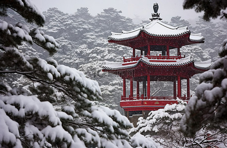 冬天雪景城堡背景图片_一座红色的宝塔坐落在雪中的森林顶上