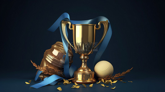 体育比赛背景板背景图片_赢得板球奖杯 3d 金杯，配有设备和蓝色背景丝带