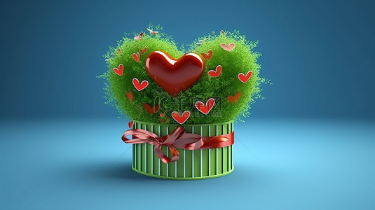 爱情绿背景图片_3d 渲染蓝色背景，心形绿草和红丝带绑在花盆周围