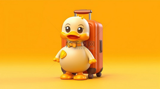 可爱的黄色卡通鸭吉祥物携带橙色旅行手提箱在阳光明媚的背景下 3D 插图