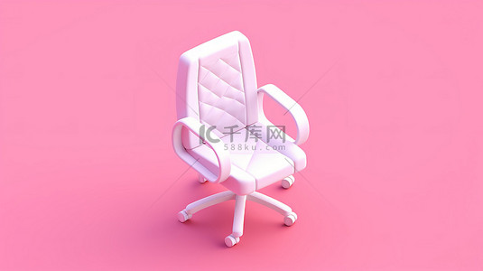 等距视图中白色办公椅的 3D 图标，旁边是平面白色和粉色家居用品