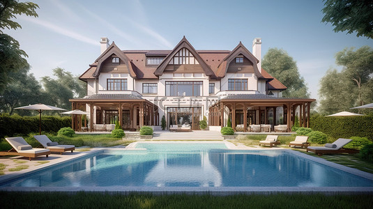 前院背景图片_华丽的别墅在 3D 中栩栩如生，拥有郁郁葱葱的花园和豪华的游泳池
