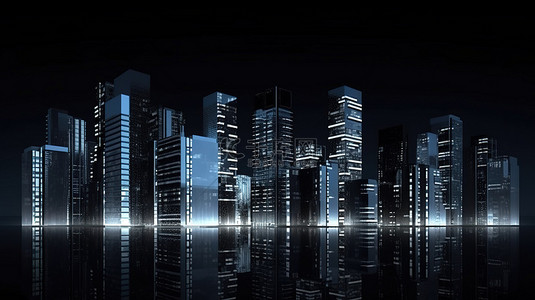 市中心区背景图片_城市景观在夜间的市中心区或大都市的 3d 渲染与一排摩天大楼