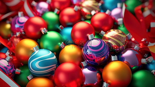 节日美丽的妆容坐落在圣诞树丝带中，周围环绕着彩色小玩意 3D 渲染