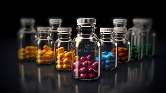 3d 渲染的药丸从代表治疗各种疾病的药物的瓶子中分发