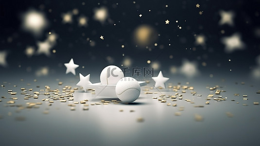 丰富的白色乒乓球和球拍与三颗星乒乓球海报设计灵感 3D 渲染