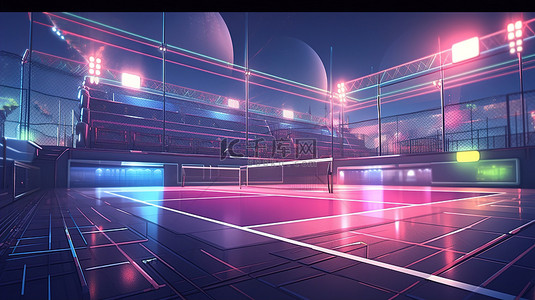 霓虹灯网球场在 3d 中渲染，具有虚拟网络运动操场透视角度视图