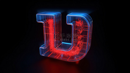 3d 红色字母中的发光霓虹灯 j 被蓝色包围