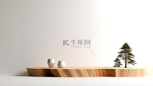 光滑的裸木桌，白墙背景下有树影，非常适合模型产品展示3D 渲染插图