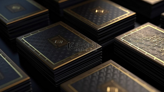 黑色名片金色名片背景图片_黑色名片的 3D 渲染，具有优雅的金色箔边缘
