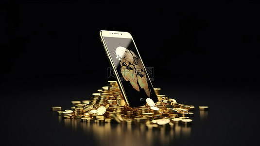 钱包元素背景图片_美国国家航空航天局 NASA 的智能手机的 3D 渲染元素栖息在一堆金币和地球仪上