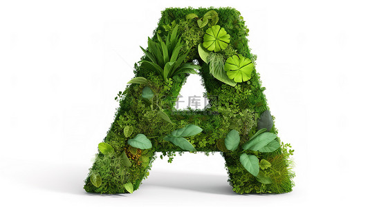 绿化主题 3D 字母“a”，带有各种植物和剪切路径