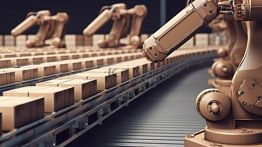 自动化行业中机械臂在传送带上搬运纸板箱的 3D 渲染