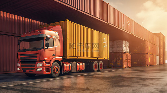 集装箱卡车停放和在仓库装卸货物的 3d 渲染