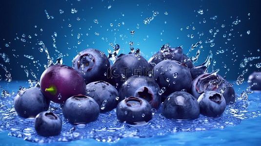 紫色背景下蓝莓溅入水中的 3D 插图