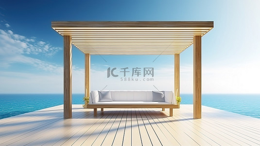 海浪灯塔背景图片_户外休息区木凳的豪华 3D 渲染，高端泳池别墅享有壮丽的海景，拥抱夏日的宁静与蓝天和海浪