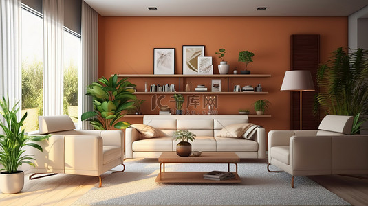 时尚现代的客厅设计，配有 3D 渲染的豪华真皮沙发