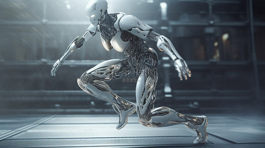 科技跑步背景图片_未来派背景与女性机器人或机器人在 3D 渲染中奔跑或跳跃