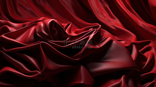 3D 渲染中的当代红色背景，具有折叠织物和纹理波浪的宏观视图