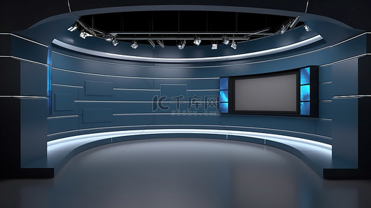 3D 渲染新闻演播室背景，墙上有电视用于电视节目
