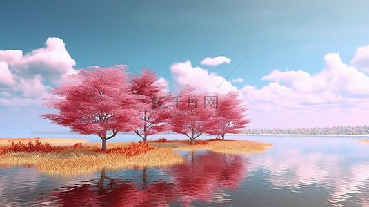 风景秀丽的湖粉红色天空和黄色草的 3d 渲染