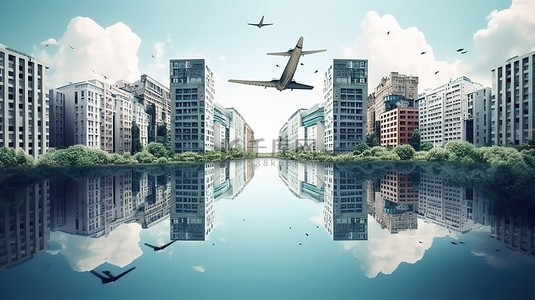 令人惊叹的 3D 渲染，展示了市中心天际线上的一条飞行道路，以及一座孤立漂浮的岛屿