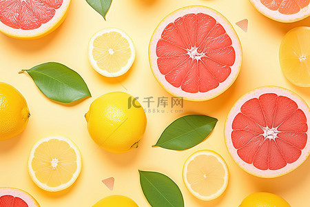 明亮的彩色背景上的多片新鲜柑橘类水果