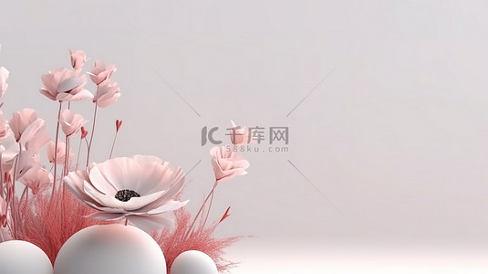 绿花卉背景图片_白色花卉简约 3D 渲染场景，专为时尚社交媒体横幅设计