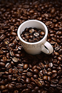 咖啡豆中烘背景图片_一杯咖啡存在于一堆烘焙过的咖啡豆中
