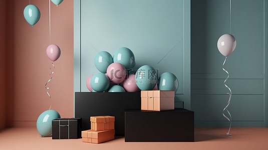 产品展示模型 3d 渲染内部与讲台礼品盒气球