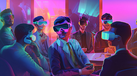 vr虚拟现实场景背景图片_虚拟世界的社交场景化身 VR 眼镜和 3D 插图中的派对活动