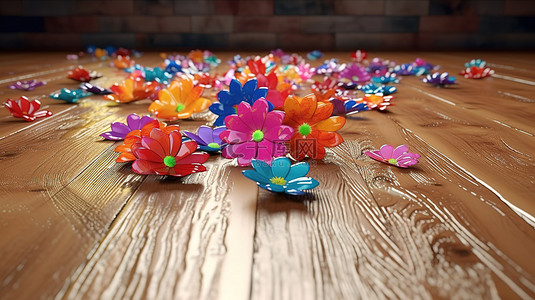 可爱的花朵背景图片_充满活力和可爱的花朵层叠在 3D 渲染的木瓷砖地板上
