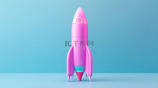 淡粉色卡通火箭在亮蓝色极简主义背景 3d 渲染下翱翔
