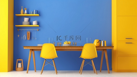 厨房内部的 3D 渲染，配有一张桌子和两把蓝色椅子，靠在空白的黄色墙壁上