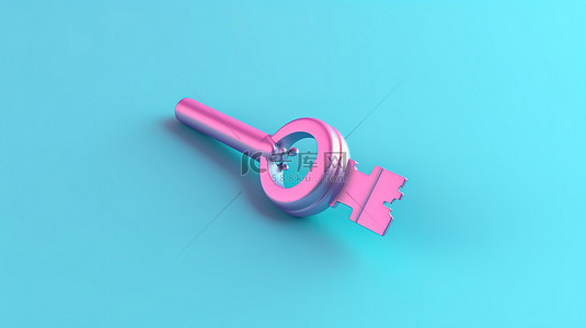 柔和的彩色简约 3D 渲染，带有破损的粉红色钥匙的亮蓝色背景