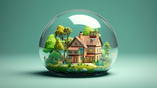 玻璃圆顶中的卡通房屋花园的异想天开的 3D 渲染